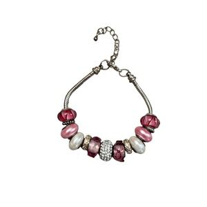 European Style Pink Charm Bracelet Silver Tone‎ Glass Pearl Rhinestone Beads
